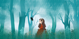 森林中红衣女孩与飞鸟