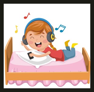 小孩戴耳机躺床上听音乐