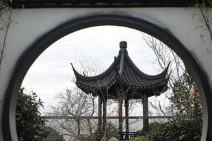 中式圆门后的古典亭子