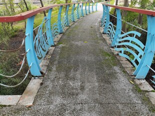 蓝色栏杆的乡间小路