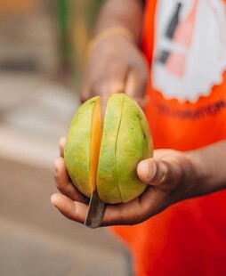 手持切开的绿色水果