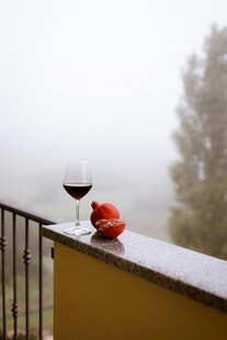 雾中阳台的红酒与柿子
