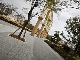 城市街道旁的高大建筑