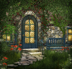 梦幻花园中的复古蓝色门