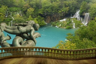 湖畔雕塑与自然美景