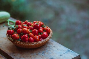 木桌上篮子里的新鲜番茄