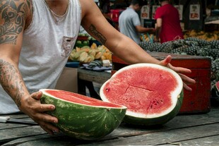 男子手持切开的新鲜西瓜