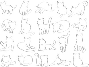 多样姿态猫咪轮廓线稿