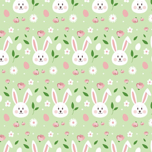 可爱兔子花卉绿色背景图案