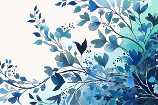 蓝调水彩花卉枝叶图案