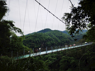 山间玻璃栈道上的游客