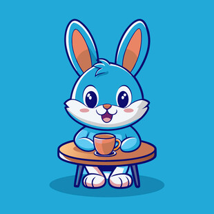 可爱兔子惬意喝茶