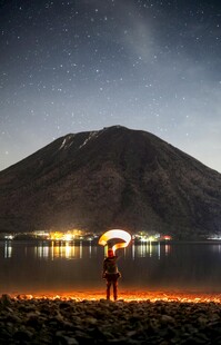 星空下湖畔的孤独身影