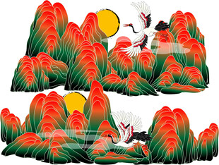 中式山水仙鹤插画意境美