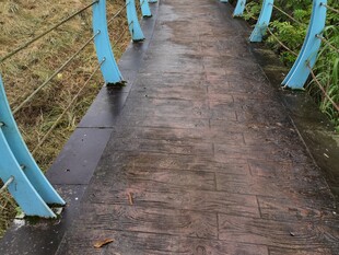 蓝色栏杆环绕的木质小径