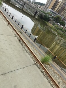 城市铁轨旁的静谧景象