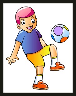 男孩踢彩色足球瞬间