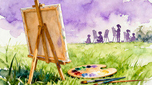户外画架与多彩绘画场景图片