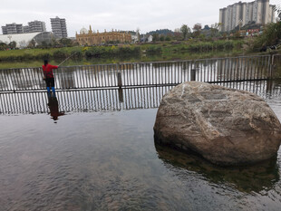 男子于水边巨石旁驻足