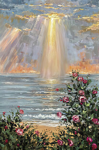 海边日出下的绚烂花卉景观