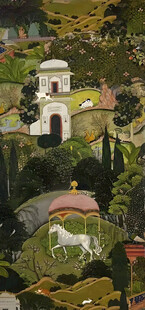 田园中的白色小屋与白马