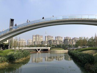 现代拱桥横跨碧水景观