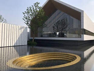 现代庭院中的金色水景装置