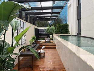 现代阳光房内的绿植与水景