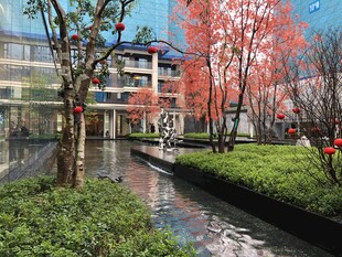 河畔春景建筑与花木相映