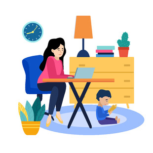 母亲桌边办公孩子地上玩耍