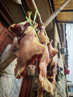 悬挂售卖的新鲜生鸡肉