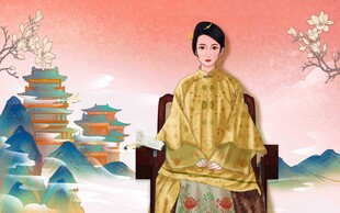 古装女子坐于中式美景前