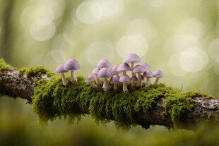 树枝上的紫色蘑菇与苔藓