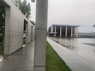 现代建筑旁的湿润户外空间