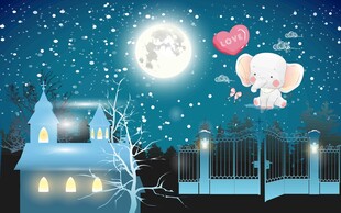 月夜下的梦幻大象与小屋