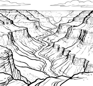 黑白线条绘壮丽峡谷景观