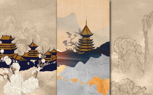 中式古风建筑山水插画