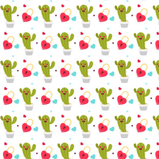 仙人掌与爱心图案无缝背景