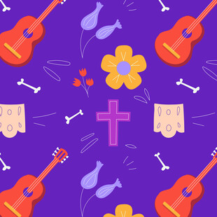 紫色背景乐器花卉图案