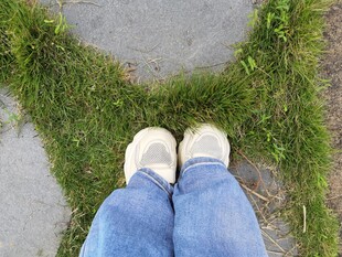 双脚立于草地与石板间