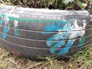 涂鸦轮胎置于草地