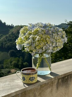 窗边花瓶茶杯与美丽花卉