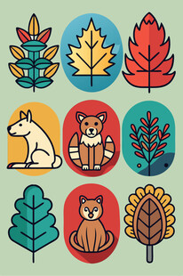 动物与秋叶的可爱插画