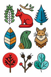 森林动物与植物图标集