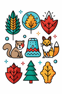 秋季动物与植物元素插画