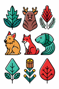 森林动物与植物图标集