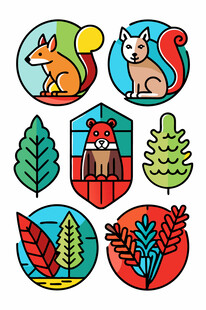 森林动物与植物图标集