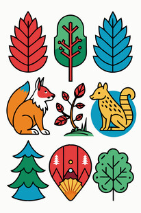 森林动物与植物图标集