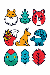 可爱动物与植物插画元素