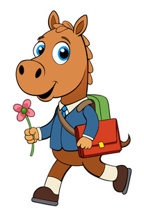 小马背着包开心地拿着花